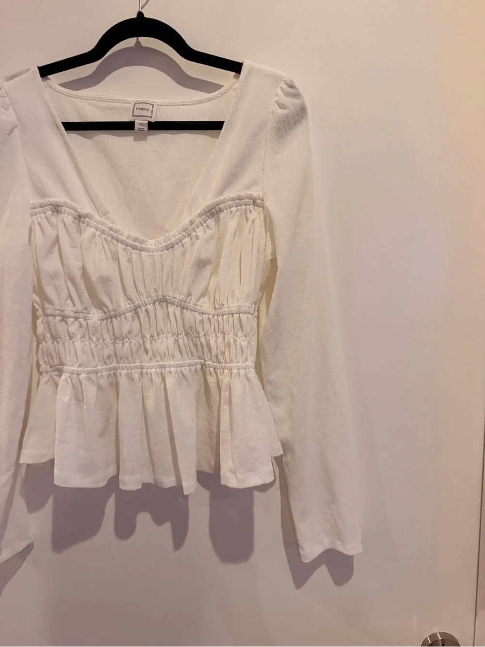 Anthropologie White Smocked Peplum Long Sleeve Blouse